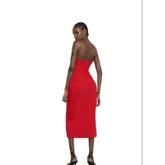 ZARA  MIDI DRESS WITH GATHERING RED SIZE S | 3254/663 - Picture 4 of 4